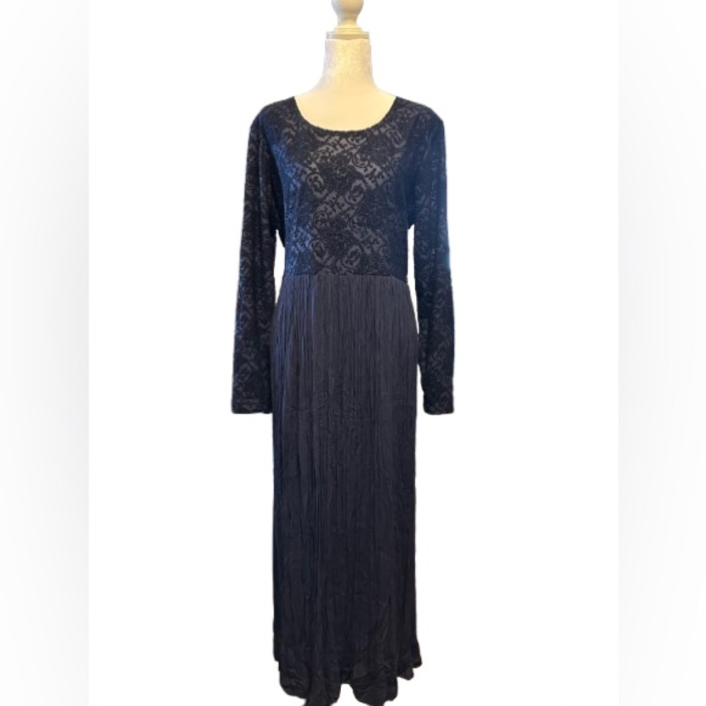 Vintage Navy Burnout Velvet Maxi Dress Long Sleeve Boho Goth Sz 12 - Picture 2 of 9